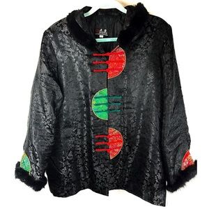 Vintage Chinese Traditional Brocade Faux Fur? Lightweight Coat Frog Buttons.
